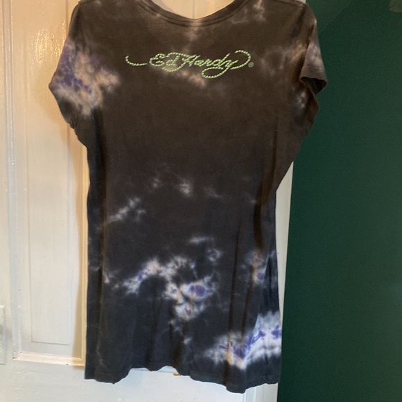 Ed Hardy Christian Audigier XL embellished black blue tie-dye tee t-shirt dragon - Picture 3 of 10